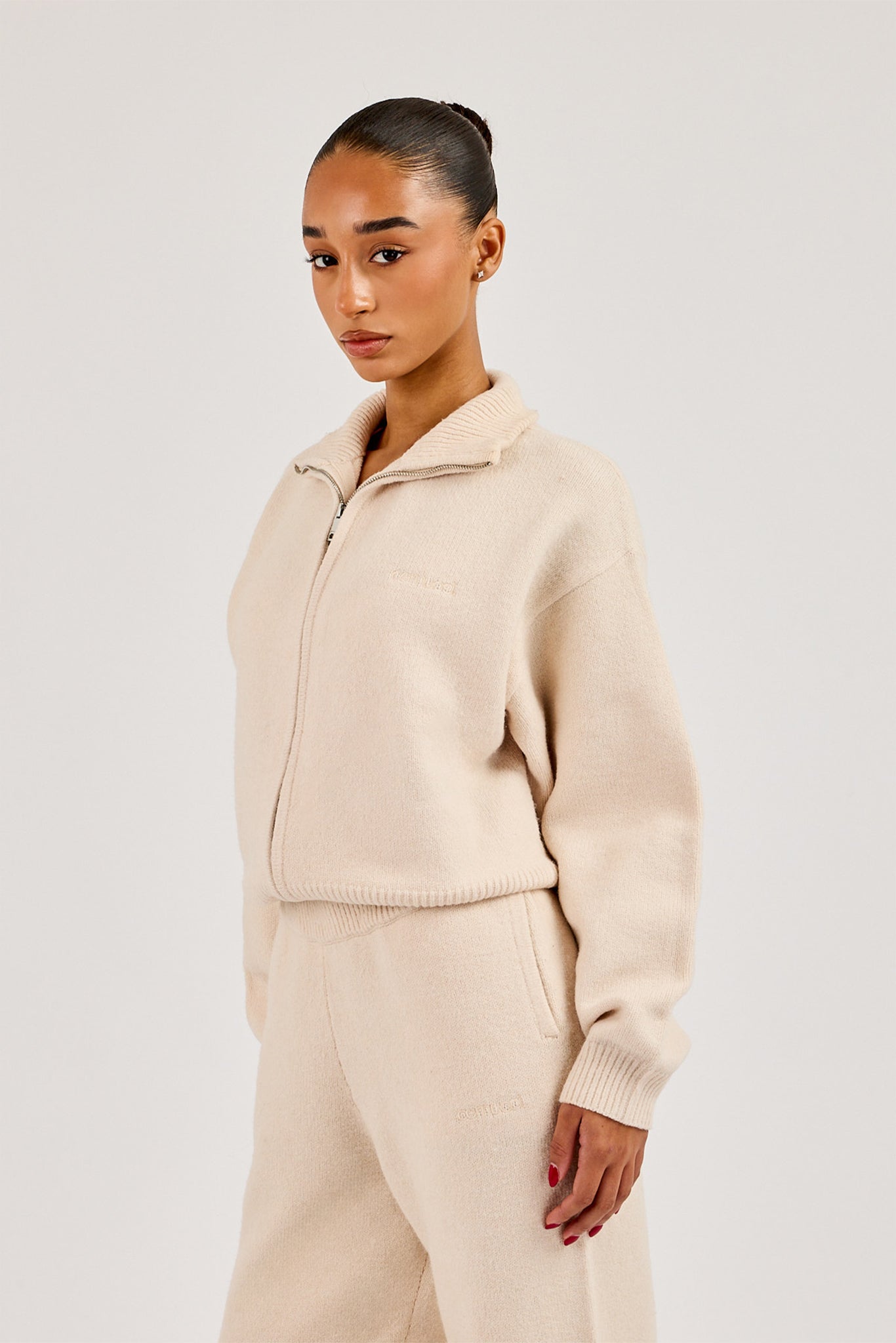 Knitted Funnel Neck Zip Through - Oatmeal